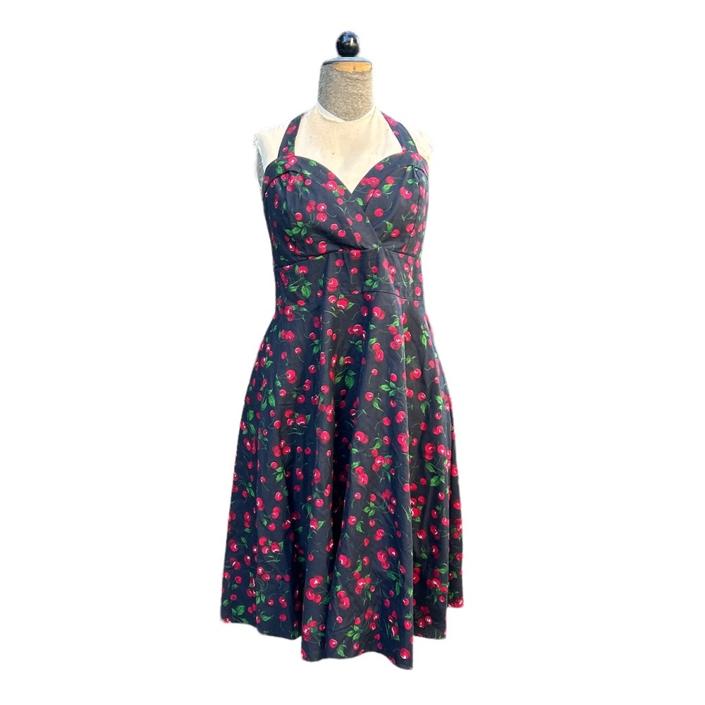Black w/Cherries Retro Rockabilly Halter Circle Dress elasticized back Sz XL